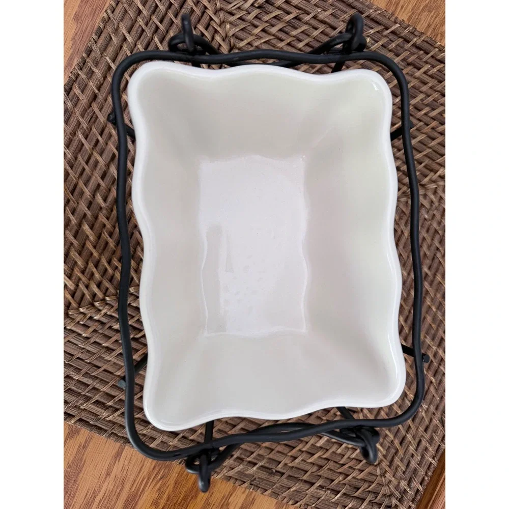 Temp-tations by Tara Ceramic Baker with Black Metal Wire Wicker Rack Cream White